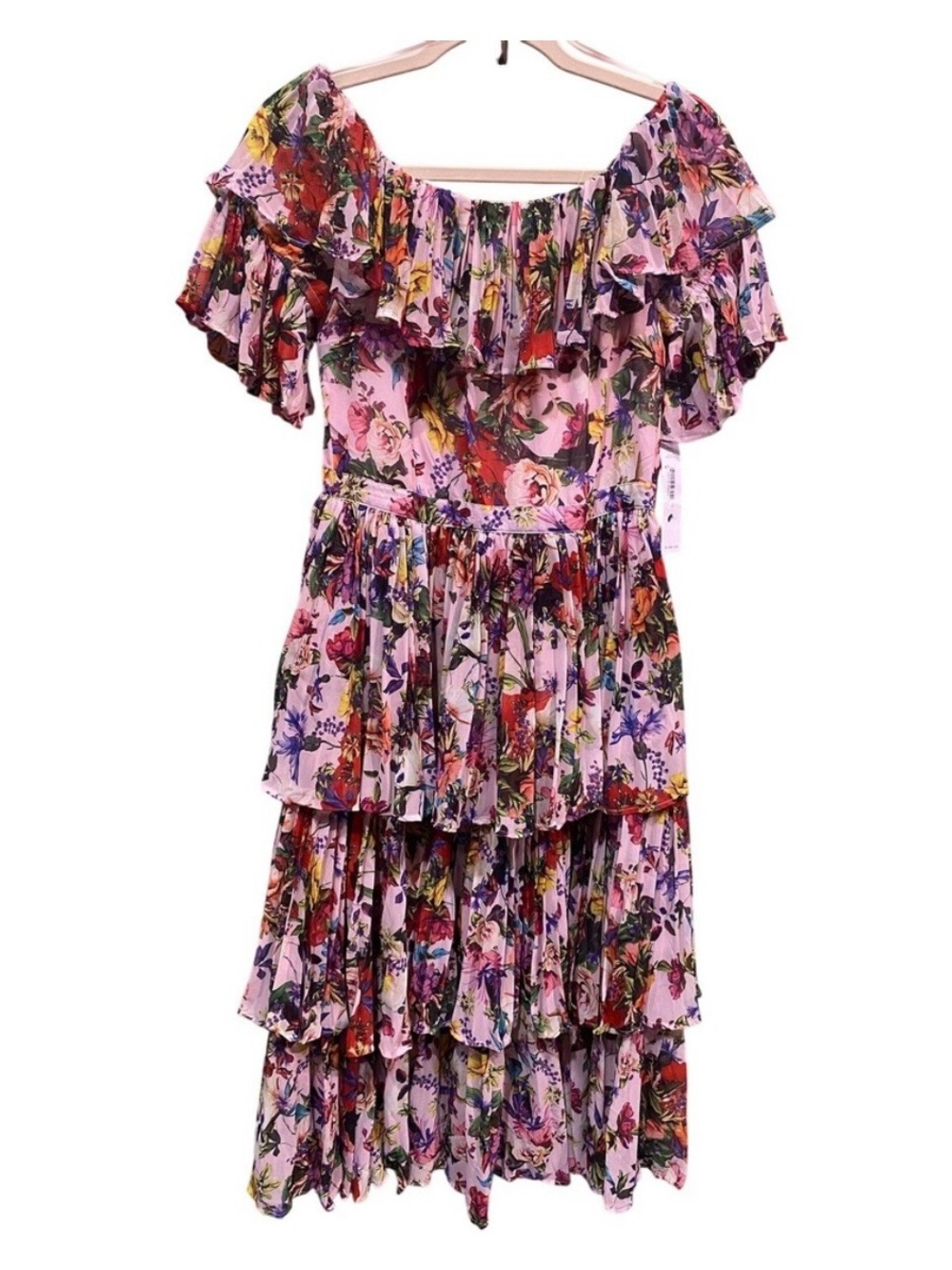 Aqua x Mary Katrantzou Floral Tiered Pleated Midi Dress Pink Multi